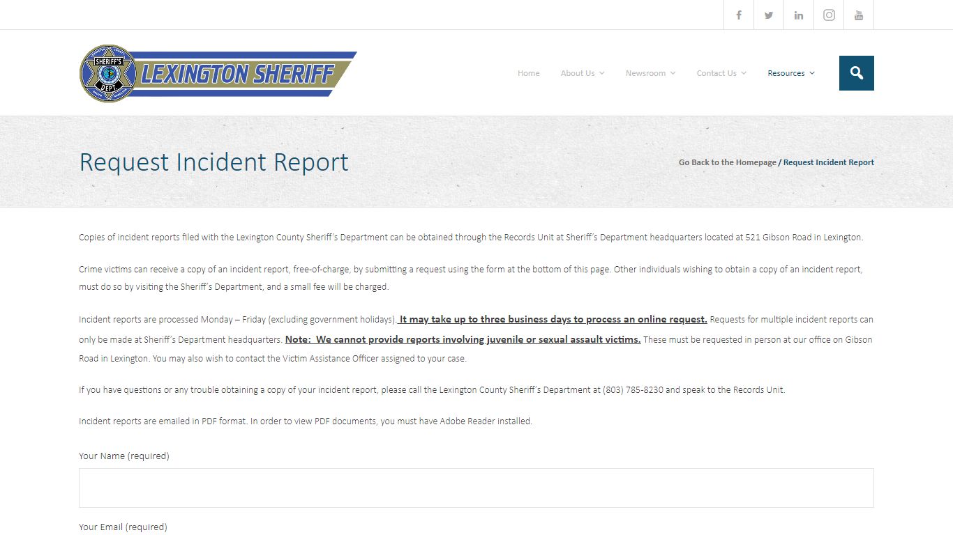 Request Incident Report - Lexington County Sheriff's Department